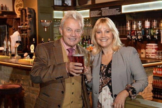 Malandra Burrows (Kathy Glover) and Frazer Hines (Joe Sugden) celebrating Emmerdale's 45th anniversary in 2017