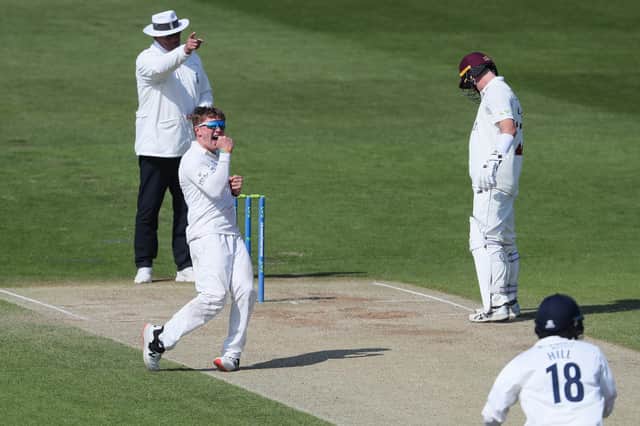 Yorkshire’s Dom Bess claims the wicket of Luke Proctor, out lbw, but the White Rose side were frustrated by Northamptonshire’s lower order in their County Championship draw. Picture: John Heald