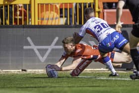 Double: Hull KR’s Ethan Ryan scores his second try in the convincing 32-10 win against Wakefield Trinity. Picture: Allan McKenzie/SWpix.com