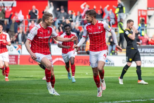 Dan Barlaser celebrates scoring Rotherham's second goal against Oxford from the spot with Michael Smith. (Picture: Bruce Rollinson)