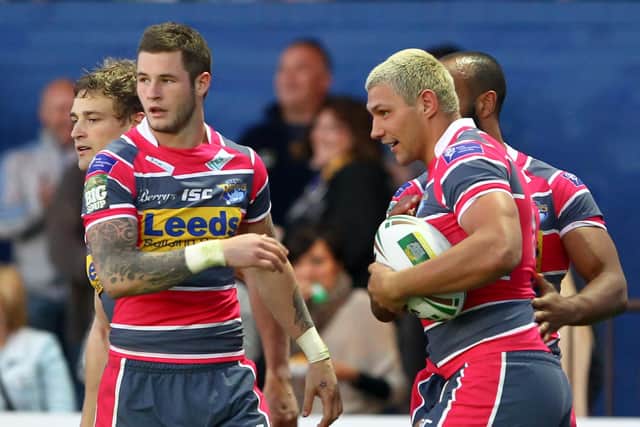 Zak Hardaker and Ryan Hall celebrate a try at Wakefield. (Picture: SWPix.com)