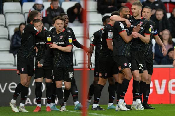 Michael Ihiekwe celebrates his goal for Rotherham United at Sunderland. Picture: Bruce Rollinson.