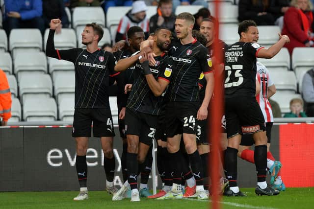 BITTERSWEET: Michael Ihiekwe celebrates putting Rotherham United ahead at Sunderland. But the pendulum swing somewhat for the Millers defender, whose late own goal effectively denied his side automatic promotion with a game to spare. Picture: Bruce Rollinson.