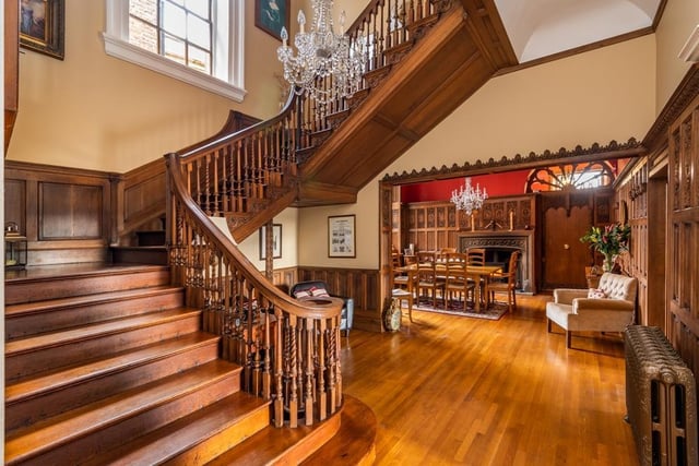 Renowned architect John Carr designed the oak staircase. The entrance hall also features a period chandelier and intricate hand carvings to the oak panelling.