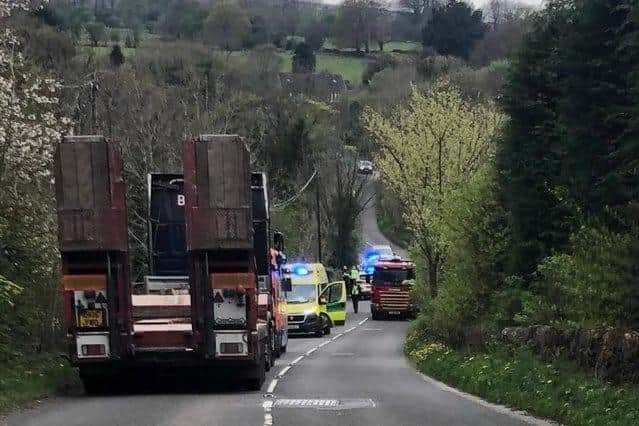 The emergency services near the River Goyt in Buxworth where a woman sadly died after cold water swimming. Picture Dave Atkins