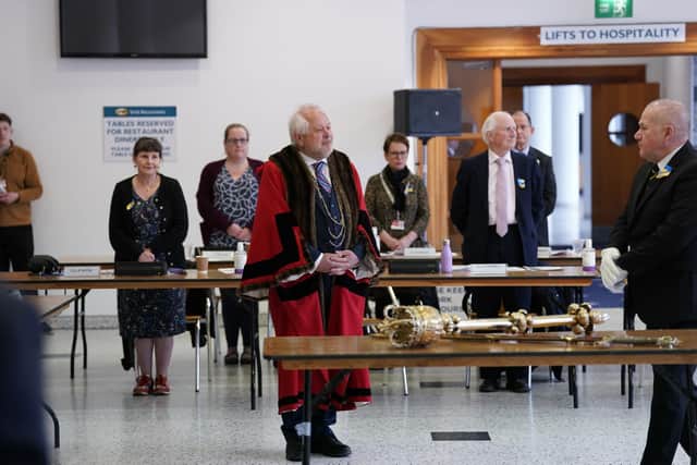 Lord Mayor of York Councillor Chris Cullwick (centre) during the meeting of the York City Council at the York Racecourse