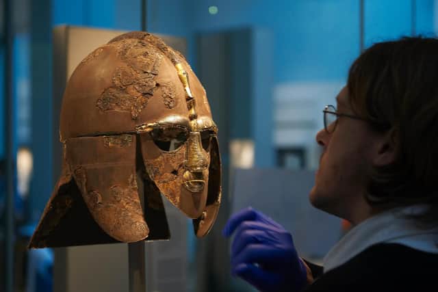 Installation of the Sutton Hoo helmet in the Sir Paul and Lady Ruddock Gallery of Sutton Hoo and Europe AD 300-1100 at the British Museum. Opens 27 March(c) The Trustees of the British Museum