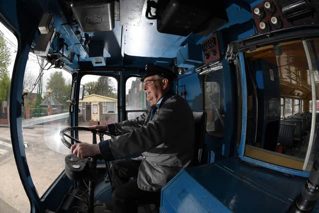 Stewart David from the museum at the wheel of the Bradford 844 trolleybus which undertook the final run in Bradford and the UK on 26th March 1972.
