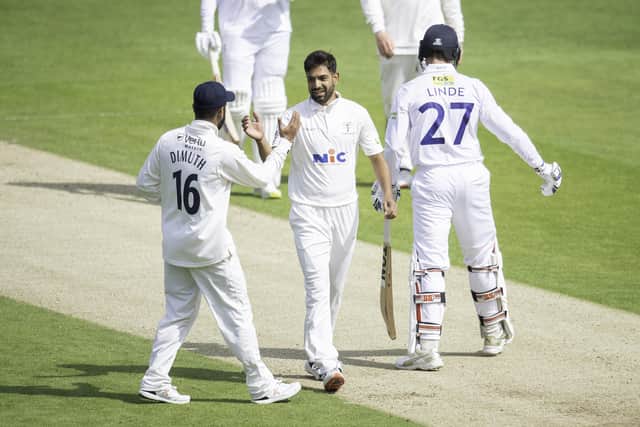 Yorkshire's Haris Rauf is congratulated on taking five wickets in the innings against Kent. Pictures: Allan McKenzie/SWpix.com