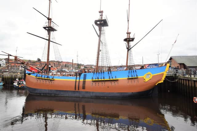 The faithful replica of HMS Endeavour in Whitby harbour where it is a visitor attraction