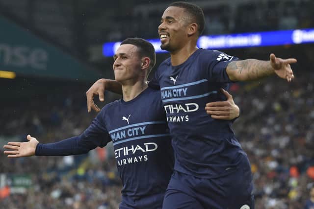 Manchester City's Gabriel Jesus, right, celebrates with Manchester City's Phil Foden. (AP Photo/Rui Vieira)