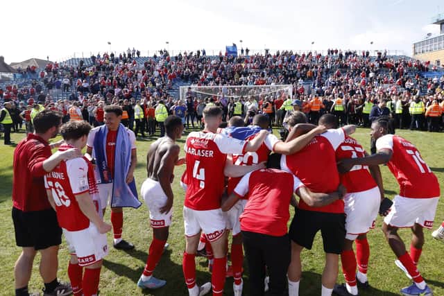 Rotherham United players celebrate promotion with fans after the final whistle of the Sky Bet League One match at the MEMS Priestfield Stadium, Gillingham (Picture: Steven Paston/PA Wire)