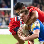 Jack Broadbent protests after being tackled by Albert Vete. (Picture: SWPix.com)