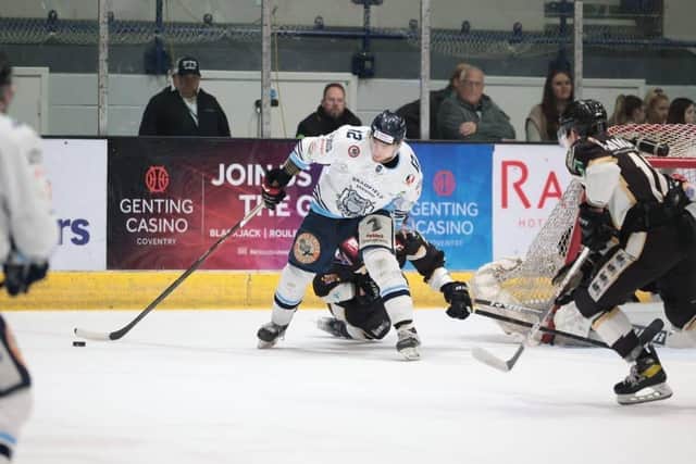 STRIKE ONE: Swedish centre Andreas Valdix opened the scoring for Sheffield Steeldogs in Sunday's final. Picture courtesy of Peter Best.