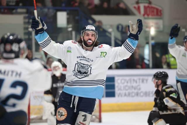 Matt Bissonnette celebrates scoring one his two goals in Sunday's NIHL National play-off final win against Milton Keynes Lightning. Picture courtesy of Peter Best.