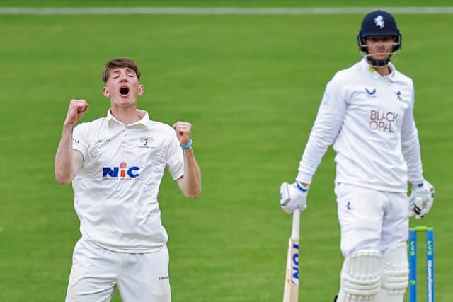 Wicket: Yorkshire's George Hill celebrates taking the wicket of Kent's George Linde. Picture by Alex Whitehead/SWpix.com