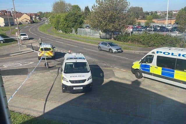 Picture shows the police cordon after a World War One shell was reportedly found at an address on Roberts Road, Edlington, Doncaster