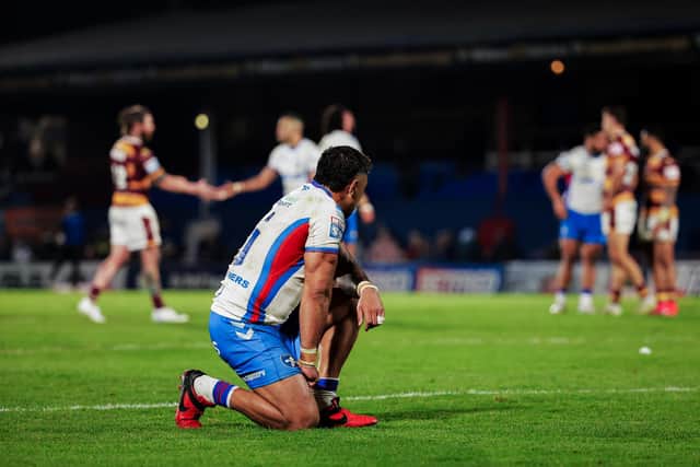 Tinirau Arona appears dejected after the defeat by Huddersfield Giants. (Picture: SWPix.com)