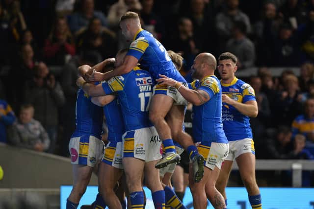 Morgan Gannon scores the Rhinos second try for 
Leeds Rhinos against Hull KR. Picture: Bruce Rollinson