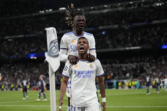 Real Madrid's Rodrygo celebrates his side's second goal. (AP Photo/Bernat Armangue)