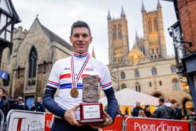 Ben Swift of INEOS Grenadiers celebrates winning the British road race championships in front of Lincoln Cathedral. (Picture: Alex Whitehead/SWpix.com)