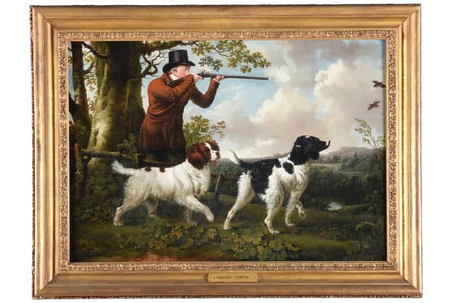 An oil painting titled A Huntsman with Two Spaniels is by the English painter Charles Towne (1763–1840). Towne was famed for his wonderful landscapes, as well as encapsulating animals in his works, such as hunting scenes, or domestic animals. This work carries an estimate of £2-£3,000 (Lot 337).