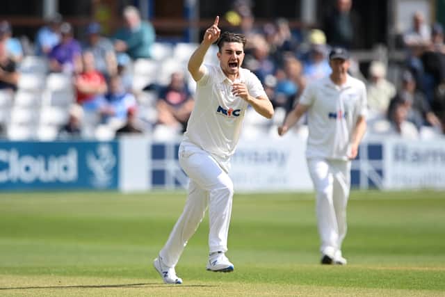Breakthrough: Jordan Thompson of Yorkshire celebrates the wicket of Nick Browne. (Photo by Alex Davidson/Getty Images)