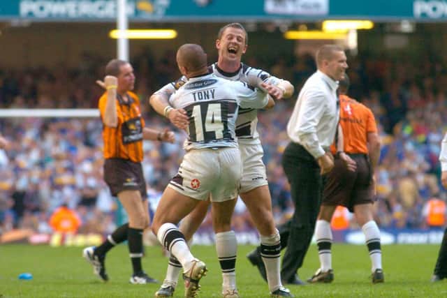 Hull FC celebrate their stunning Challenge Cup win over Leeds in 2005. (Picture: SWPix.com)