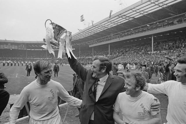 Leeds United manager Don Revie lifts the FA Cup after the Whites beat the Gunners to win the tournament at Wembley Stadium on ... 6th May 1972.