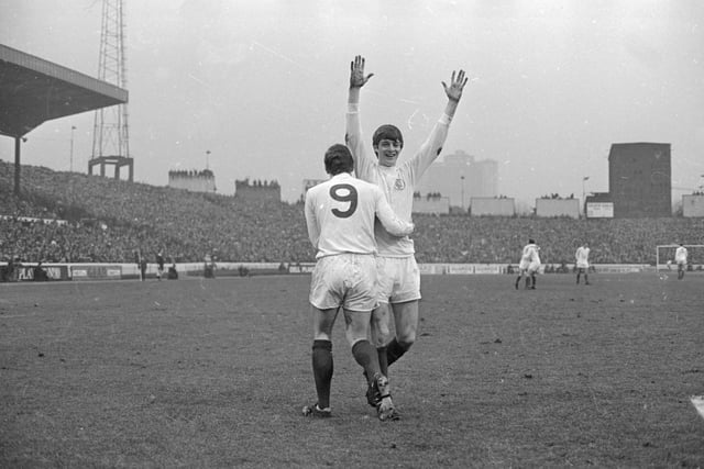 Leeds United forward Mick Jones congratulates Allan Clarke after his goal gave Leeds United the lead in the first division match at Stamford Bridge. The year? 1970.