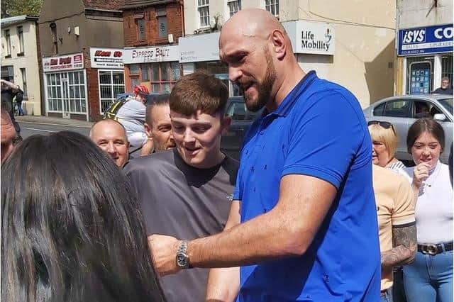 Tyson Fury is mobbed in Thorne