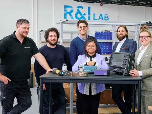Will Schaffer of Mercia with the Tribosonics team in their newly refurbished lab. From left are Matthew Reeves, Ricky Shepherd, Dr Sam Hill, Dr Habiba Lais, Will Schaffer, Megan Jenkinson-Garner and Jacob Houlden.