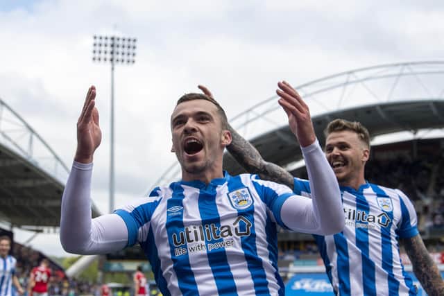 Huddersfield Town's Harry Toffolo celebrates with Danny Ward after scoring the first goal against Bristol City Picture: Tony Johnson
