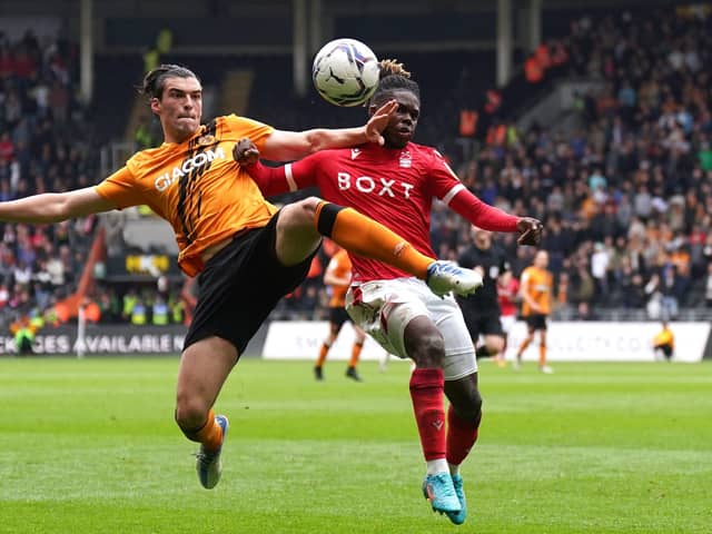 Hull City's Jacob Greaves and Nottingham Forest's Alex Mighten battle for the ball at the MKM Stadium Picture: Tim Goode/PA