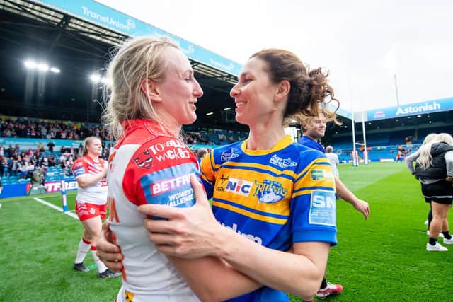 Jodie Cunningham, left, and Courtney Winfield-Hill embrace after Saturday's Challenge Cup final. (Picture: SWPix.com)
