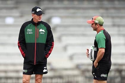 Willie Peters, right, chats with Wayne Bennett during their time together at South Sydney. (Picture: Getty Images)