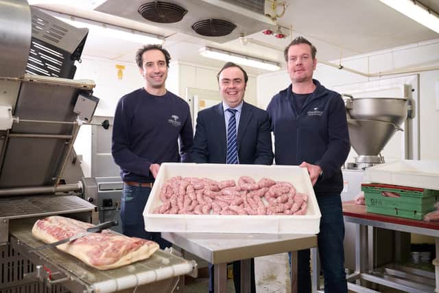 Pictured (L to R) are Swaledale Butchers director, Jorge
Thomas; Chamber International export advisor, Peter Bainbridge and Swaledale
Butchers director, Charlie Cowling.