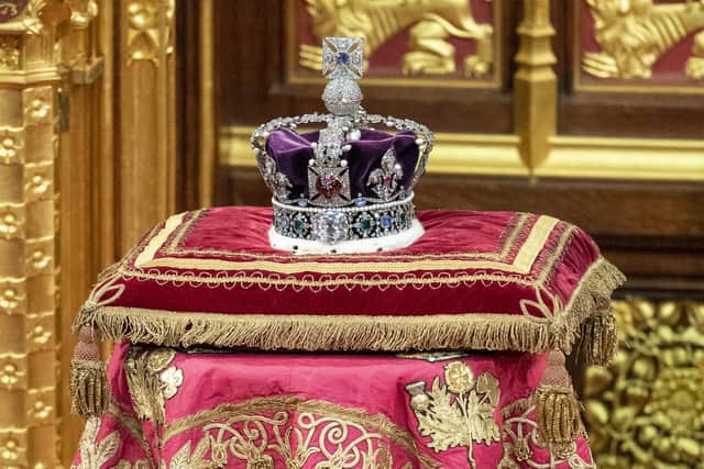 The Imperial Crown as the Prince of Wales reads the Queen's Speech during the State Opening of Parliament in the House of Lords, London.