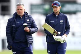 Yorkshire director of cricket Darren Gough looks on alongside Joe Root. Picture: Alex Davidson/Getty Images