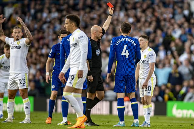 Leeds United’s Dan James received a straight red card for his tackle on Chelsea’s Mateo Kovacic. Picture: Tony Johnson