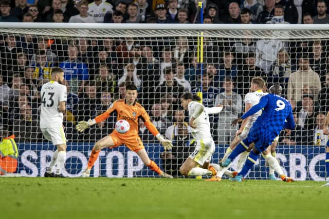 Chelsea's  Romelu Lukaku smashes the ball past Leeds keeper Illan Meslier to score the third goal. Picture: Tony Johnson