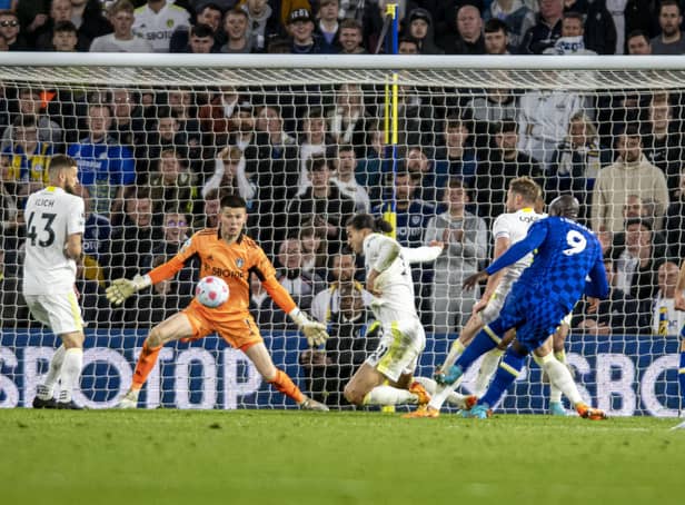 Chelsea's  Romelu Lukaku smashes the ball past Leeds keeper Illan Meslier to score the third goal. Picture: Tony Johnson