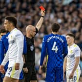 Seeing red, again: Leeds United’s Dan James received a straight red card for his tackle on Chelsea’s Mateo Kovacic at Elland Road last night.  (Picture: Tony Johnson)