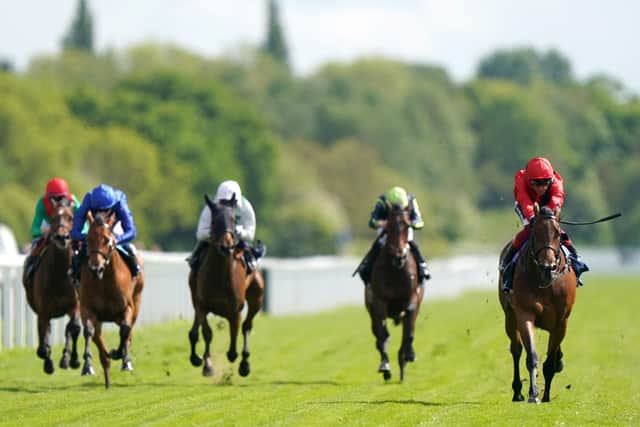 Emily Upjohn ridden by Frankie Dettori (right) on the way to winning the Tattersalls Musidora Stakes during day one of the Dante Festival 2022 at York. Picture: Tim Goode/PA Wire.