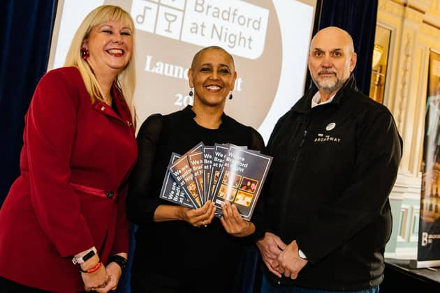 (left to right): Elizabeth Murphy, ENTE Co-ordinator; Alison Lowe, Deputy Mayor of West Yorkshire; and Dave Downes, a Director of Bradford at Night.