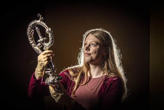 Kim Davies, heritage and participant officer with the Braganzia Crozier, the symbol of the Bishops office believed to have been presented to James Smith , vicar Apostolic of the Northern District by Catherine of Braganzia, the Roman Catholic widow of Charles II in 1688. Image: Tony Johnson