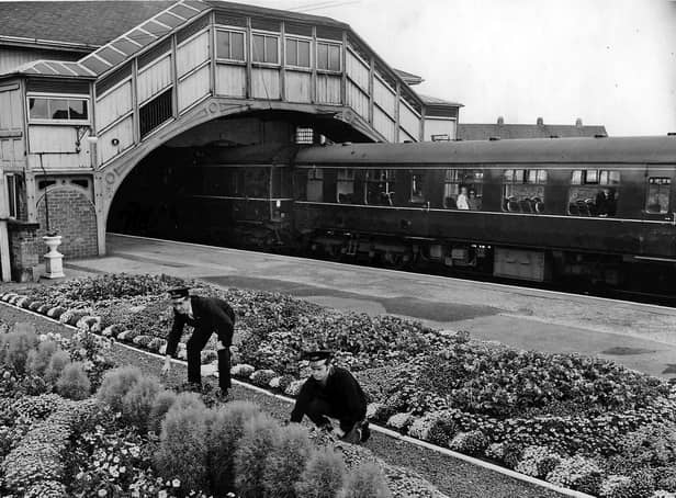 The distinctive wooden footbridge at Beverley Station in 1964