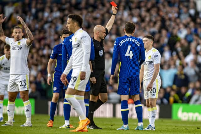 Leeds United's Dan James challenges Chelsea's Mateo Kovacic, a tackle he received a straight red card for. Picture: Tony Johnson