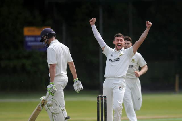 Methley opener Jason Marshall is out lbw for one as New Farnley bowler Alex Lilley celebrates
 in their Bradford Premier League clash. Picture: Steve Riding.