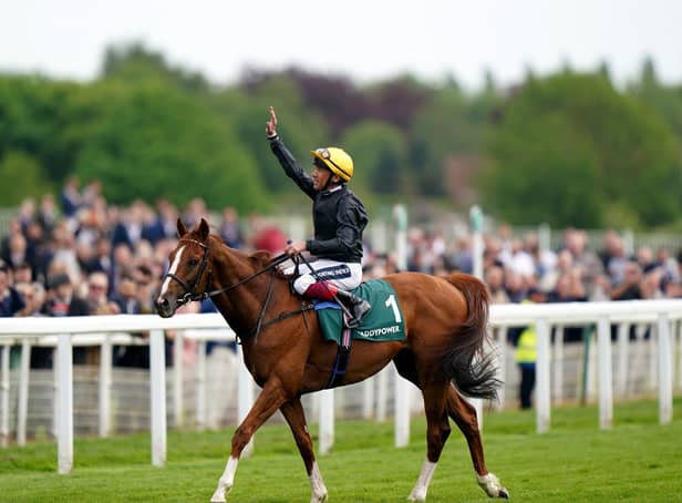 Frankie Dettori waves to spectators after winning the Paddy Power Yorkshire Cup Stakes on Stradivarius during day three of the Dante Festival 2022 at York racecourse. (Picture: PA)